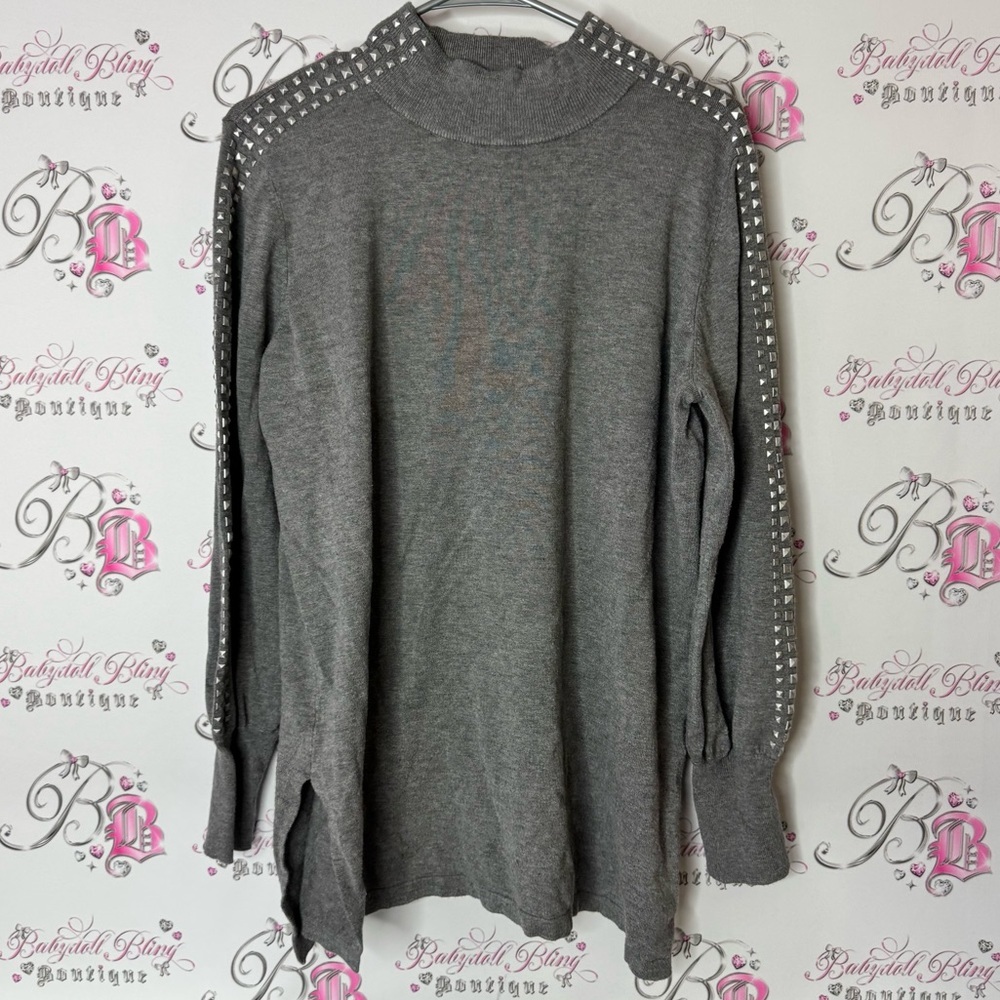 Melanie Lyne sweater studs Gray Studded Women's Top stretchy slits sides